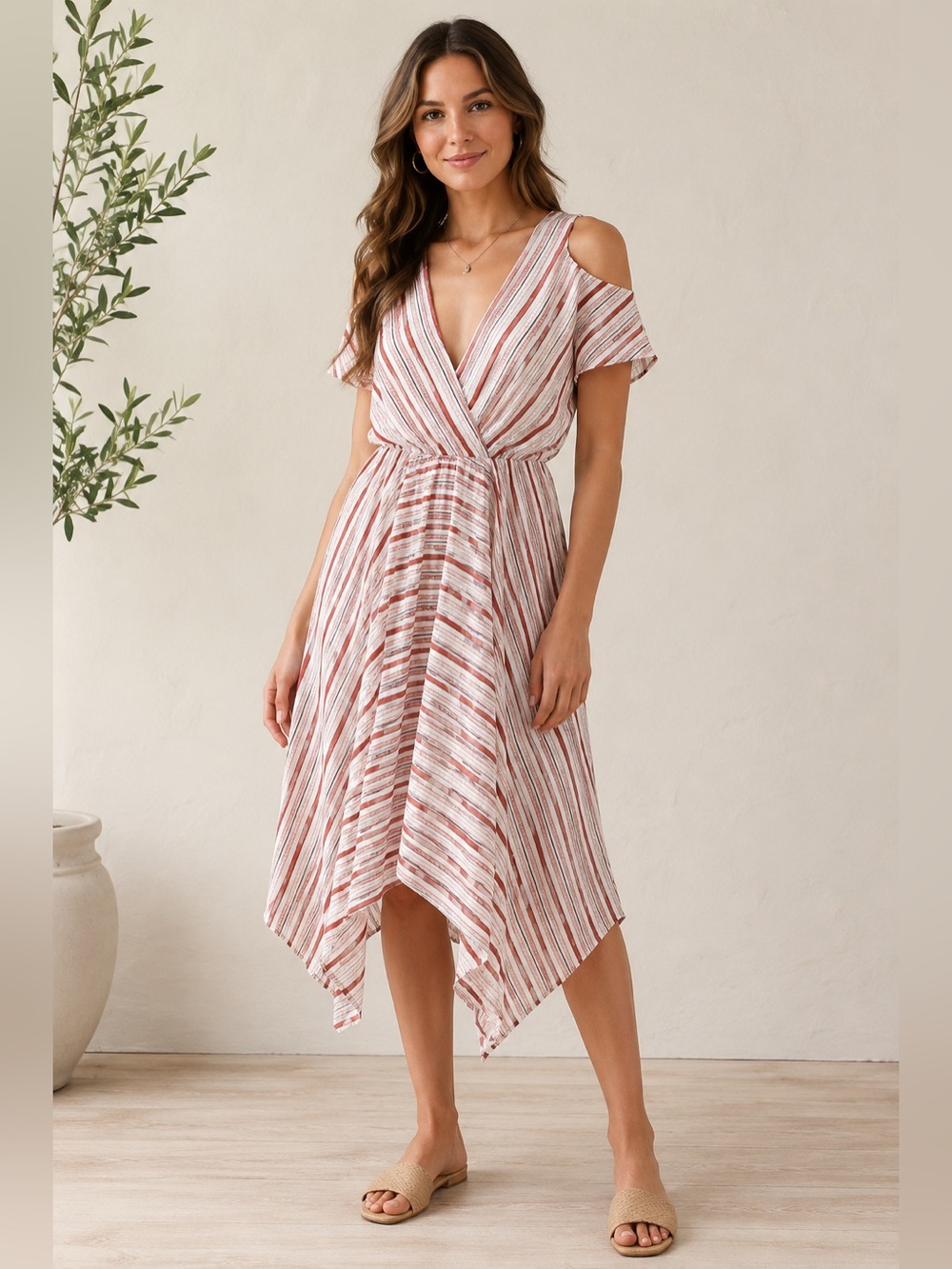 Dee Elly Cold Shoulder Handkerchief Hem Striped Dress XS NWOT